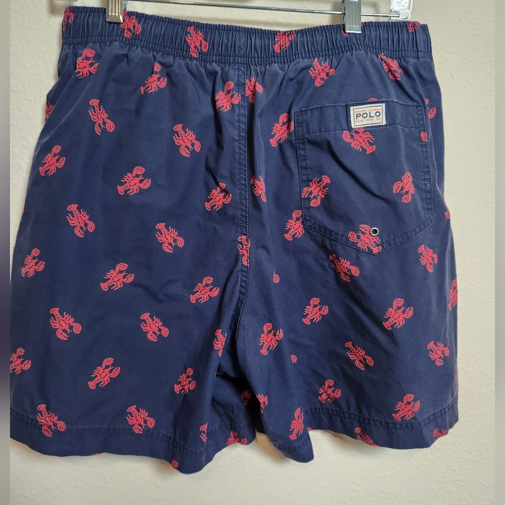 Polo by Ralph Lauren Red Lobster Print Navy Board‎ Shorts Pockets Beach Medium